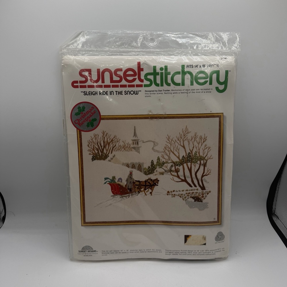 Vintage 1979 Sunset Stitchery "Sleigh Ride in the Snow" Crewel Kit #2085 NEW